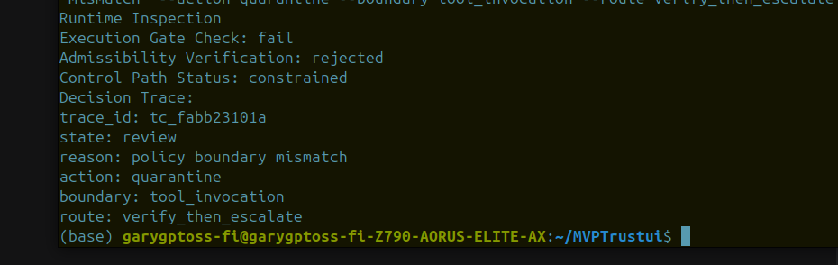 TrustCore terminal proof showing admissibility verification rejected
